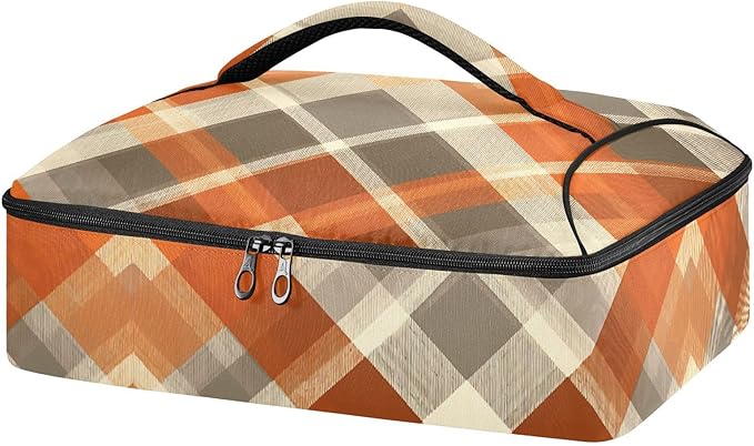 Casserole Carrier Orange Brown Tartan Pattern Insulated Casserole Carrier for Hot or Cold Food Thermal Lunch Tote for Parties Picnic Travel Carry Bag