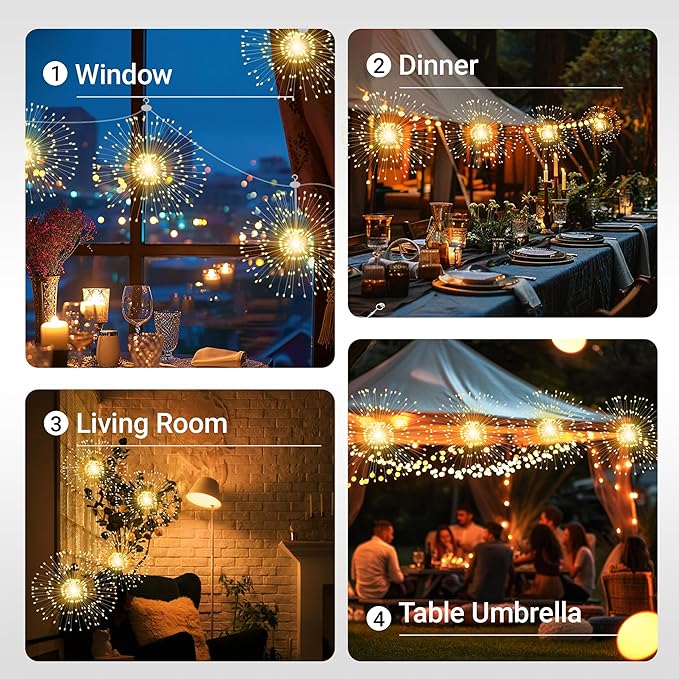 WIND STAR Firework Lights Hanging 1200 LED Rechargeable Starburst Fairy Lights with Remote 8 Modes for Patio Party Birthday Christmas Indoor Bedroom Decoration