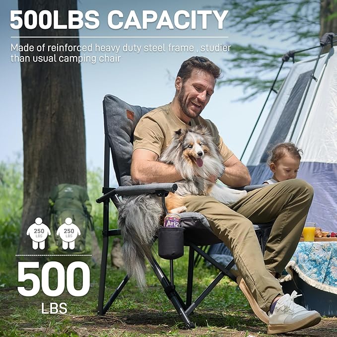 EVER ADVANCED Padded Oversized Folding Camping Chair for Adults Heavy Duty Lawn Chair with Side Pockets Portable Collapsible Quad Chair for Outside Support Up to 500lbs Grey