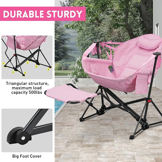 Hammock Camping Chair with Leg RestLightweight Portable Outdoor Chair for Camping and Hiking Supports 500lbsPink