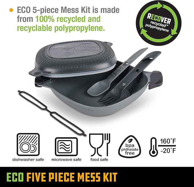 UCO Recycled ECO 5-Piece Camping Mess Kit with Bowl Plate Switch Spork Utensil Set