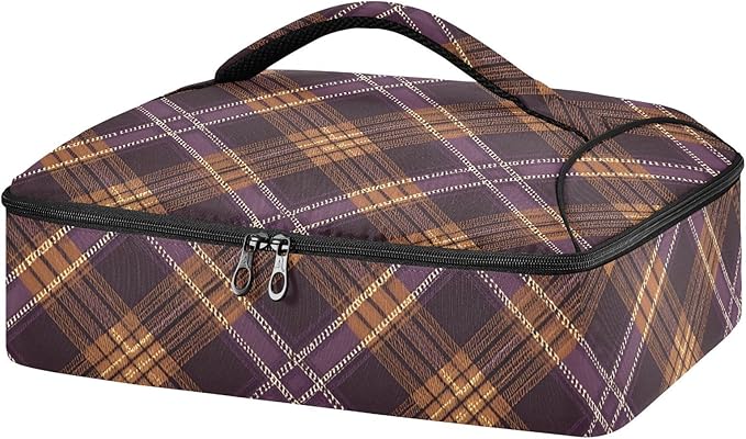 Casserole Carrier Purple Brown Tartan Print Insulated Casserole Carrier for Hot or Cold Food Thermal Lunch Tote for Parties Picnic Travel Carry Bag