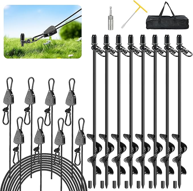 Tinnmao 8-Pack 17.7 Tent Stakes Heavy Duty with 8 Ratchet Tie Down Straps (1/8 φ) Kit for High Wind 8mm Solid Steel Spiral Ground Anchors Screw in for Tarp | Canopy | Sand Beach Camping Tent