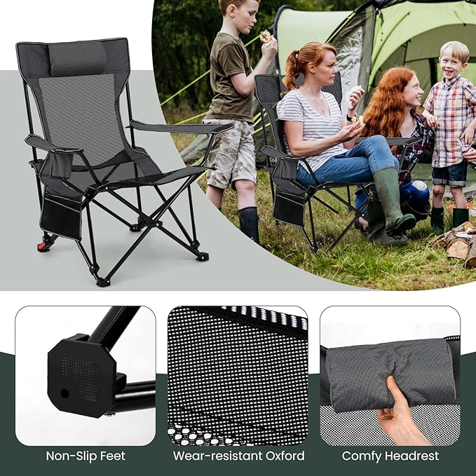 Tangkula Reclining Camping Chair 2 in 1 Porable Folding Lawn Chair with Removable Footrest 4-Position Adjustable Backrest Cup Holder &amp Side Pocket Carry Bag (1Gray)