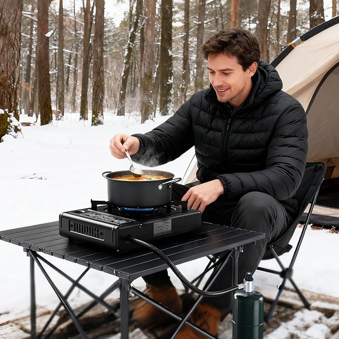 7800 BTU Dual Fuel Camp Stove Butane or Propane Portable Stove for Camping Lightweight Portable Camping Stove Propane Adapter Hose and Carrying Case Included