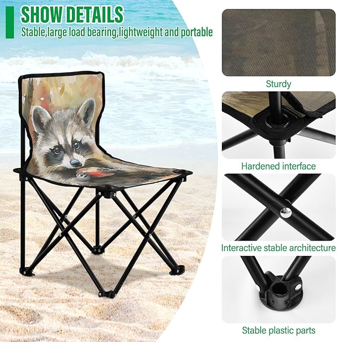 Cute Raccoon and Fruit Portable Camping Chairs Folding Chair - Durable Oxford Fabric Lightweight Iron Frame Easy Fold Design - Ideal for Outdoor Activities Camping Fishing and Travel