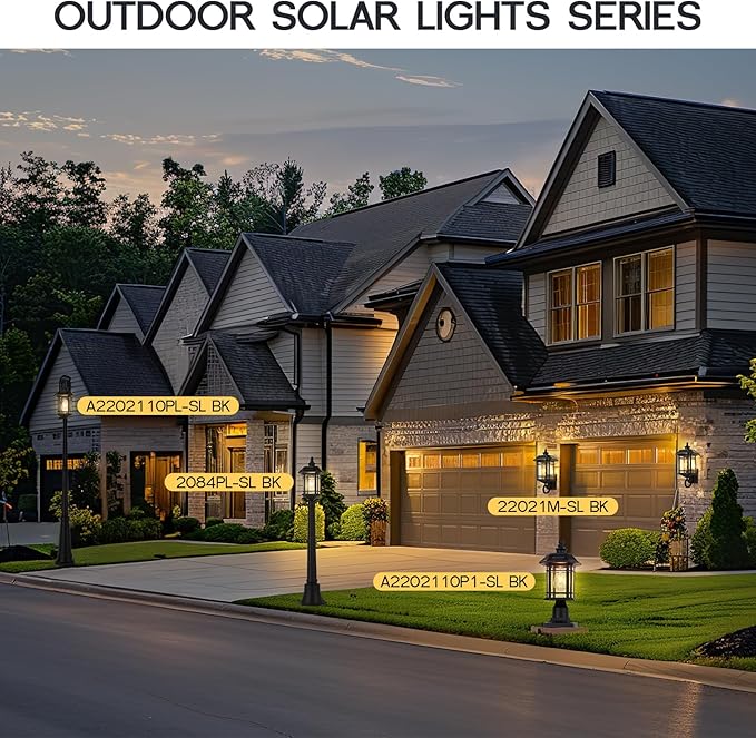 Emliviar 82 Solar Street Lamp Outdoor LED Dusk to Dawn Pole Solar Light with Remote Control Waterproof Post Lighting with Seeded Glass A2202110PL-SL BK