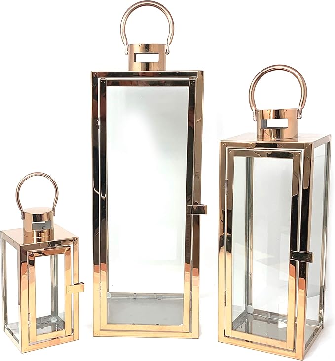 Allgala 3-PC Lantern Set 23 Inch Jumbo Deluxe Modern Indoor/Outdoor Candle Lantern Set Stainless Steel Frame Tempered Glass Rectangular Rose Gold for Garden Poolside Fireplace Wedding