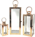 Allgala 3-PC Lantern Set 23 Inch Jumbo Deluxe Modern Indoor/Outdoor Candle Lantern Set Stainless Steel Frame Tempered Glass Rectangular Rose Gold for Garden Poolside Fireplace Wedding
