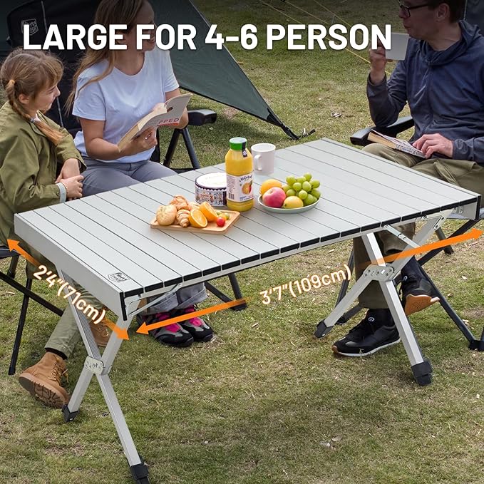 TIMBER RIDGE Folding Camping Table Adjustable Height 4-6 Person Lightweight Aluminum Roll-up Table for Camping Outdoor Picnic BBQ Backyard Party Support 220 lbs Silvery