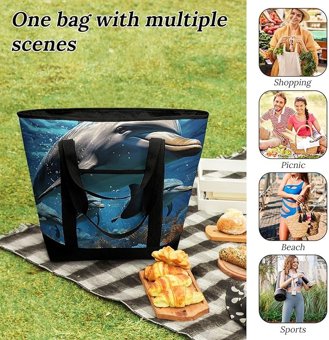 Insulated Shopping BagLarge Reusable Cooler Bags Dolphins Printed Foldable Shopping BagTravel Waterproof Shoulder Bag
