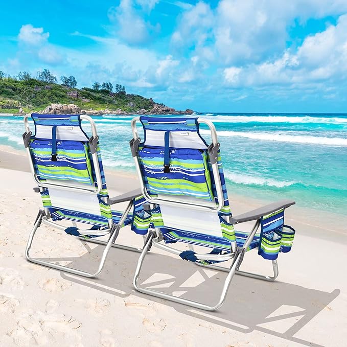 Giantex Folding Beach Chair Patio Sling Chairs with 5 Adjustable Position Head Pillow Storage Bag Towel Bar Cup Holders Backpack Chairs for Sunbathing Camping Chair