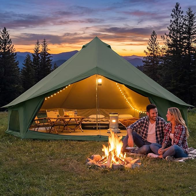 YOLENY Bell Tent Yurt Tent 4/6/8/10 Person 4 Season Waterproof Glamping Tents w/Stove Jack for Family Camping Outdoor Party Glamping Tents for Camping - 10/13.1/16.4FT