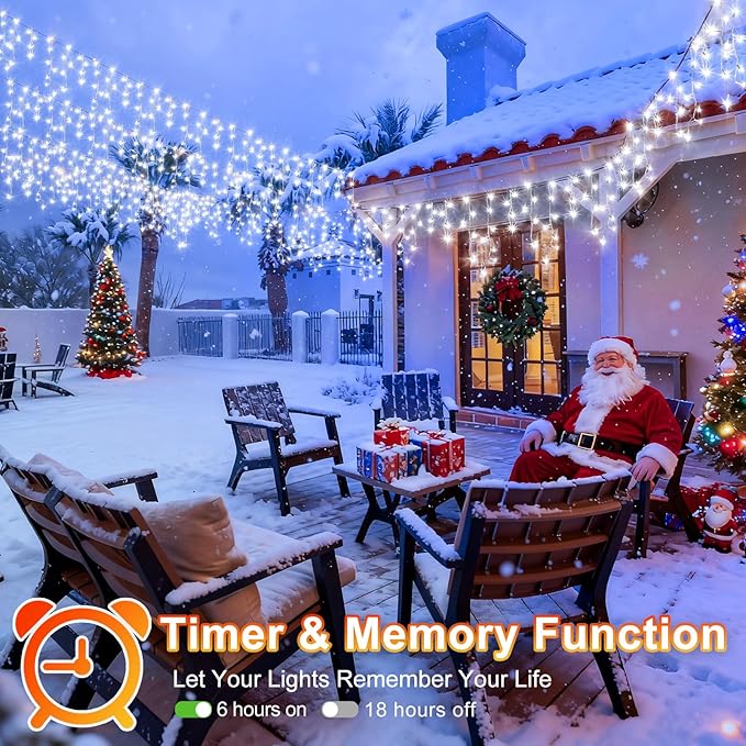 KNONEW 99FT 1216 LED Christmas Lights Outdoor Decorations 8 Modes White Curtain String Light with 228 Drops Clear Wire LED String Light Indoor Decor for Wedding Party Holiday Christmas
