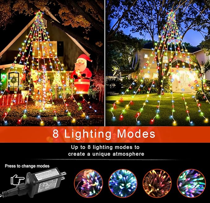 PUHONG Christmas Lights Decorations Star Lights 320 LED Christmas Tree Lights Outdoor Outdoor String Lights 8 Light Modes with 12 Lighted Star for Xmas New Year (Iron-Multicolor)
