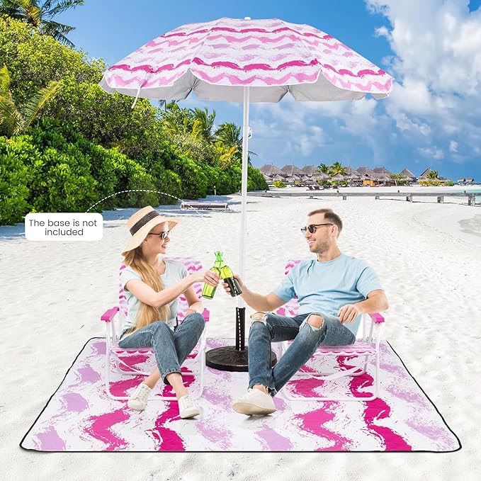 GYMAX Beach Chair with Umbrella Set of 4 Including 2 Folding Chairs Blanket Adjustable Parasol &amp Carry Bag Camping Chairs with Sunshade for Beach Patio Poolside Deck Lawn Picnic