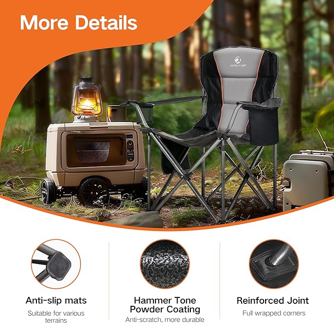 ALPHA CAMP Oversized Folding Camping Chair Heavy Duty Portable Lawn Chairs with Cooler Bag Side Pocket &amp Cup Holder Folding Chairs for Outside Support 450 LBS