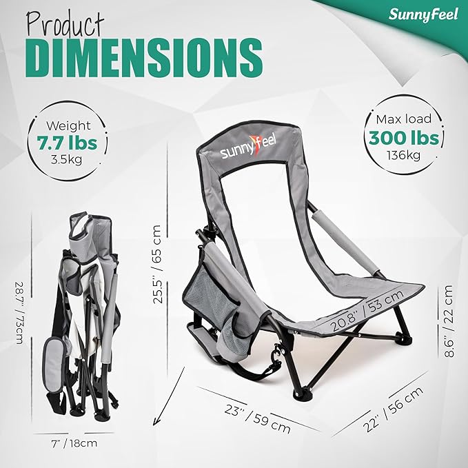 SUNNYFEEL Low Folding Beach Chair for Adults Portable Lightweight Sling Beach Camping Chairs with Cup Holder ArmrestFoldable Camp Lawn Chair for Outdoor Sand Concert Travel Sport Events300LBS