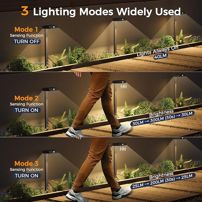 XMCOSY+ Solar Pathway Lights 4 Pack All-Metal Motion Sensor Outdoor Lights Waterproof 300LM Bright Garden Light for Yard Backyard Driveway Walkway 3 Lighting Modes (Warm/Cool White)