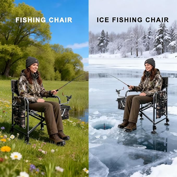 Fishing Chair with Rod Holder Folding Heavy Duty Ice Fishing Camping Chair with Liftable Cooler Bag Cup Holder Adjustable Legs