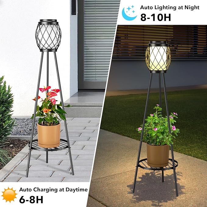 MXwcy Solar Lights Outdoor with Plant Stands 2 Pack Solar Floor Lamp Metal Tripod Patio Lights for Garden Yard Pathway Driveway Front/Back Porch Decoration