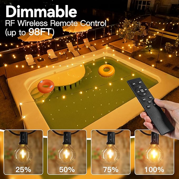 50FT Outdoor String Lights with Remote Dimmer 25 + 2 Spare Led G40 Bulbs Connectable Dimmable Balcony Lights Support Timer Waterproof Shatterproof for Patio Porch Garage Cafe
