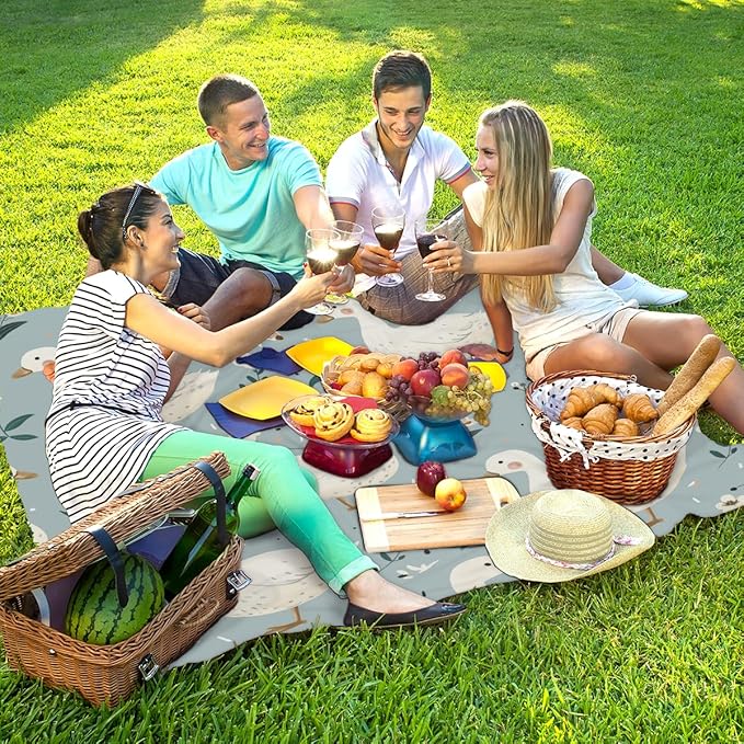 Waterproof Sandproof Beach Blanket 59''×68'' Ducks Polyester Outdoor Picnic Blanket with 4 Stakes &amp Storage Bag for BeachCampingVacation Light Gray