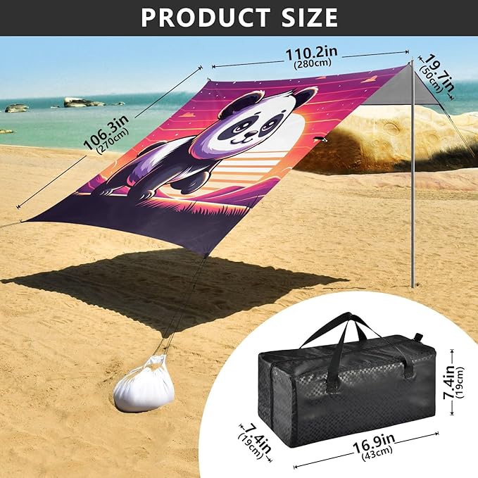 ALAZA Cute Panda Sunset Beach Tent Sun Shelter UPF50+ Protection Beach Shade Canopy w/ 4 Sandbags for Outdoor Camping Fishing Backyard Fun Picnic 10x9 ft