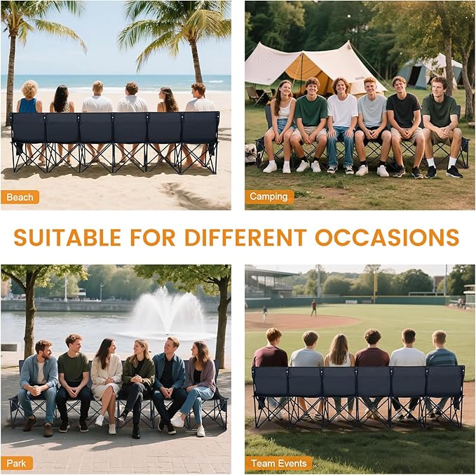 LILYPELLE Portable Bench 6 Seat Soccer Benches for Team Folding Soccer Bench Chair Sideline Benches Camping Chairs for Football Camp Sport Events Outdoor Seating with Carry Bag 1Pack