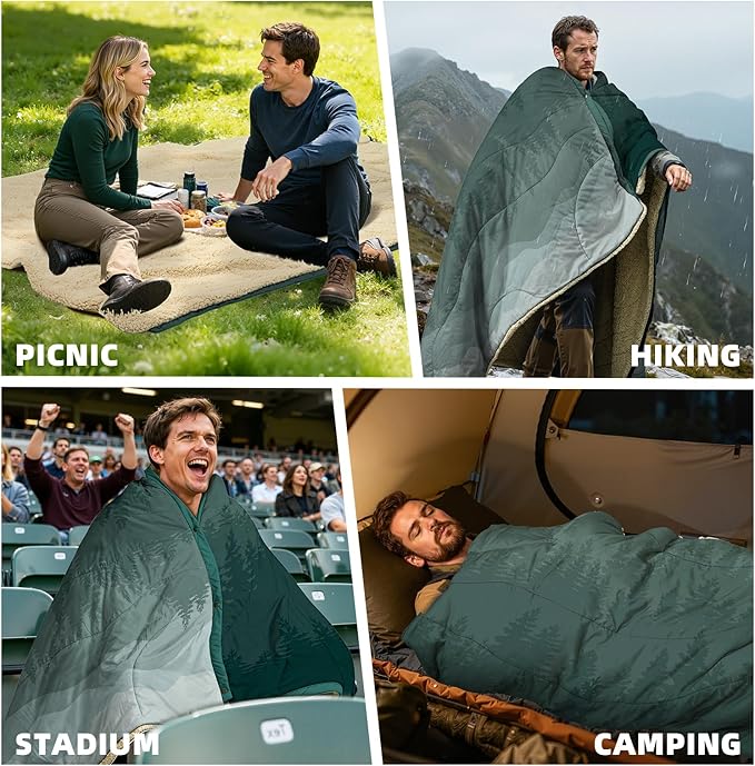 Outdoor Camping Blanket with Sherpa Lining Extra Warm Thick Camp Blankets and Puffy Ultralight Soft Poncho DWR Camping Quilt for Cold Weather Adventure Sleeping Backpacking 78x 56