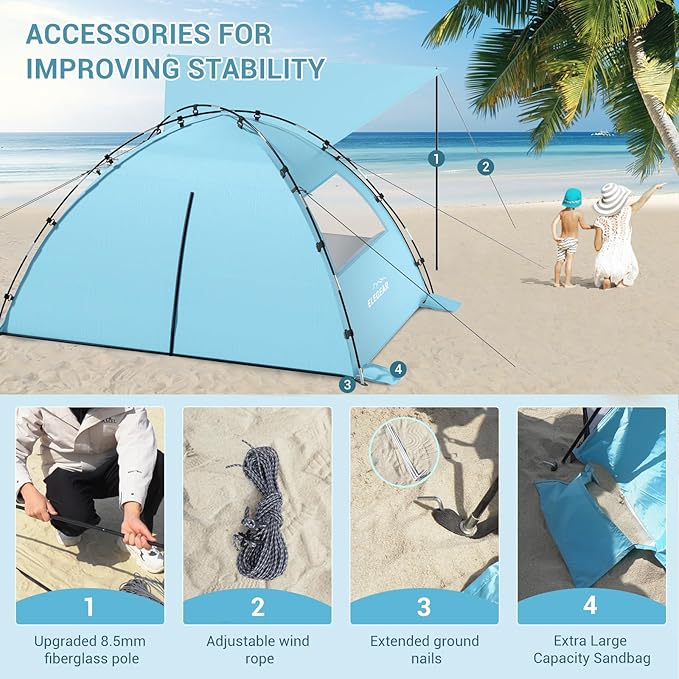 Elegear CumbreX™ Beach Tent Sun Shelter with Canopy 6-8 Person Beach Tent Easy Setup UPF 50+ UV Protection Portable Lightweight Double Silver Coating Cabana Sun Shade Shelter - Sky Blue