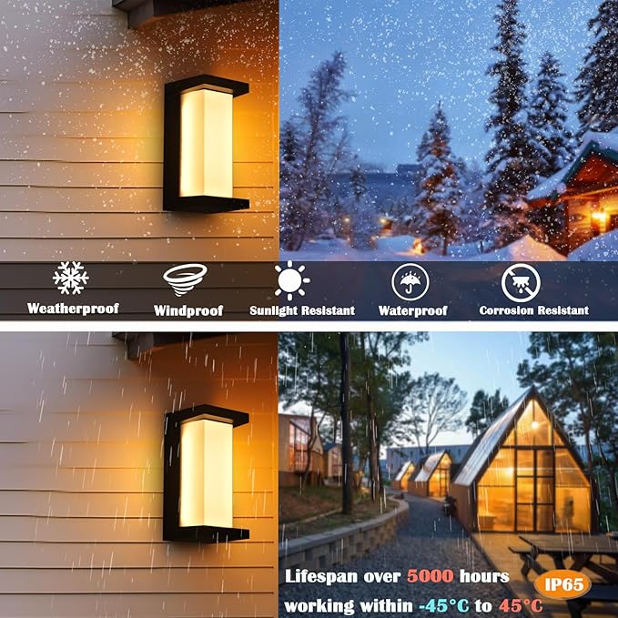 Black Exterior Lighting Fixtures Rectangular Modern Front Porch Light Fixtures 12W Outdoor Wall Light Fixtures Wall Mount IP65 Waterproof Outdoor Wall Sconce 3-Color-Changeable