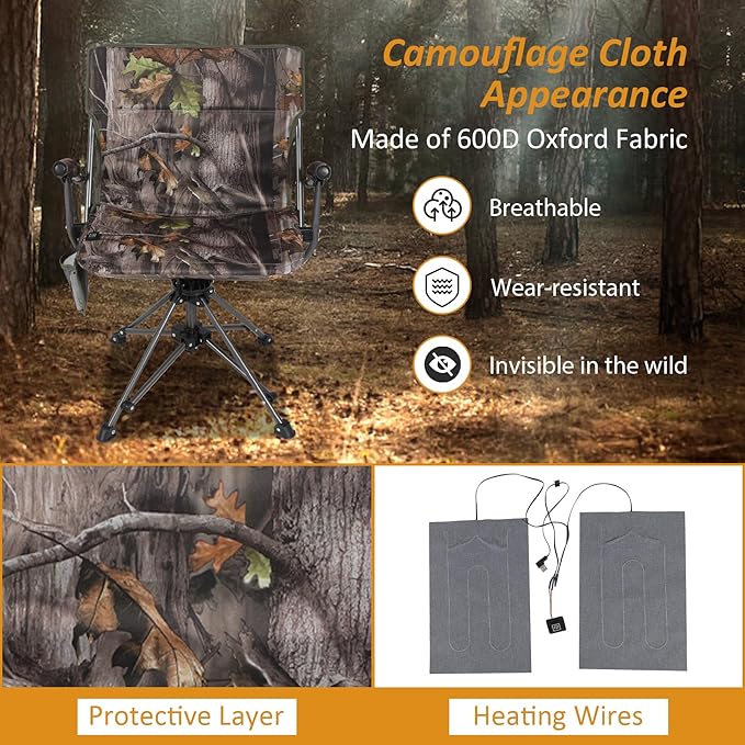 REDCAMP 360° Swivel Heated Hunting Chairs for Ground Blinds Portable Folding Camo Camping Chairs for Adults Hunting Seats with Hard Arms for Fishing Camping(No Power Bank)