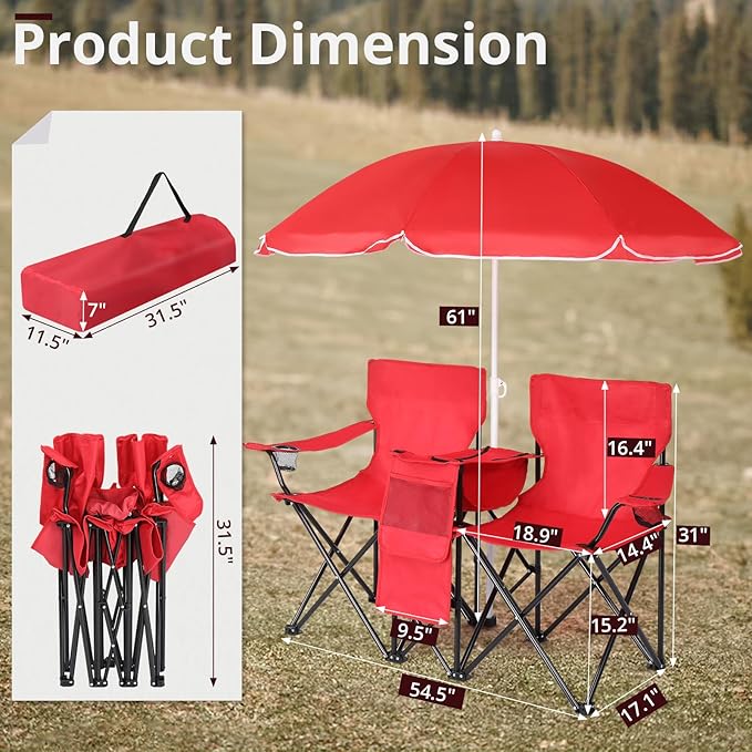 Outvita Folding Double Camping Chair w/Umbrella Beverage Holder Carrying Bag Cooler Fold Up Table Large Bearing Capacity for Beach Patio Pool Park Outdoor Red