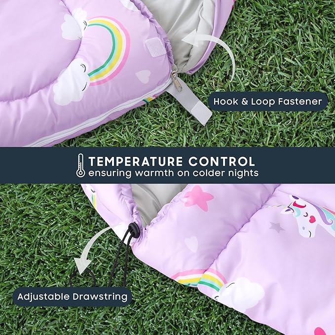 Wake In Cloud - Kids Sleeping Bag for Girls Toddlers Camping in Warm Cold Weather Backpacking Lightweight Compact Outdoor Liner for 3 Seasons Unicorns Rainbow Clouds