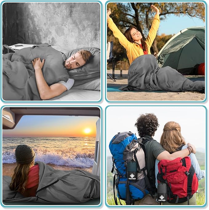 Sleeping Bag Liner 9.5oz Ultralight Satin Travel Sheets for Hotel with Two Way Zippers Silky Camping Sheets &amp Adult Sleep Sack for Backpacking Hiking Business Trips