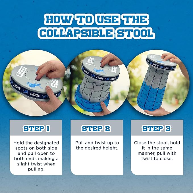 Sporticulture NFL Detroit Lions Telescoping Collapsible Stool 500lbs Max Weight Portable Adjustable Height Folding Camping Stool with Carry Strap Retractable Stadium Have A Seat Outdoor Sports Fan