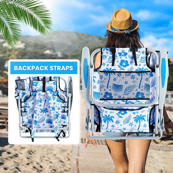 2 Pack Lightweight Portable Camping Beach Chair for Adults Outdoor Lay Flat Folding Beach Chairs with 5 Positions Backpack Beach Chair with Towe Zipper Pouch Cup Holder Blue Coconut Tree