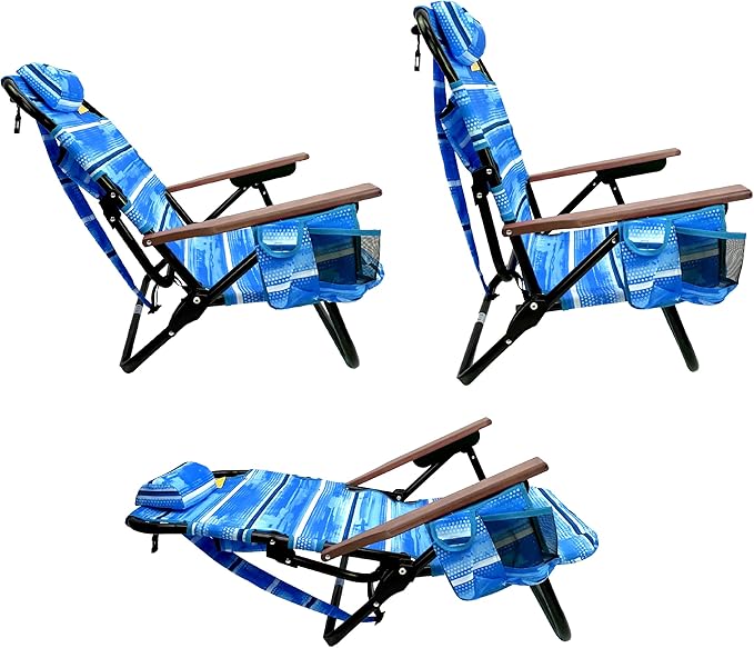 EasyGo Product Backpack Beach Chair 5 Positions and Cup Holder Pouch on Side Padded Pillow Storage Bag on Back Lightweight Rustproof Aluminum Black Frame - 1 Pack Blue