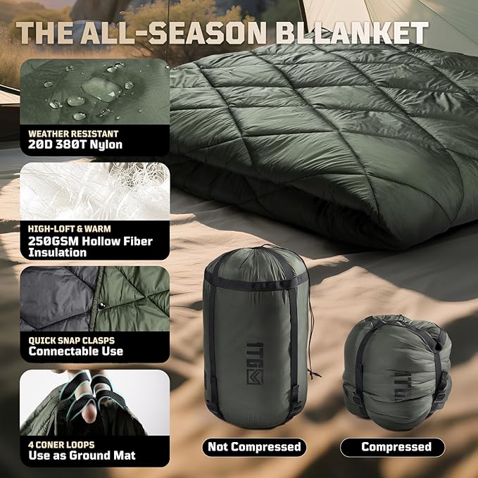 Camping Blanket - Packable Ultra Warm and Lightweight with Snap Button Backpacking Quilt for Sleeping Outdoors Travel and Indoor Use - Olive Green