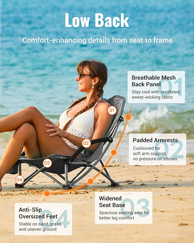 KingCamp Low Beach Chair High Back Folding Camping Chair for Adults Oversized Breathable Mesh Seat 300lbs Heavy Duty Portable Chair with Cup Holder &amp Storage Pockets for Beach Outdoor