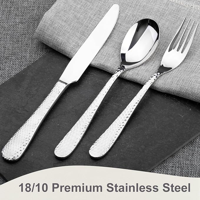 Hammered Silverware Set 30-Piece Flatware Cutlery Set Service for 6 Modern Heavy Duty Design 18/10 Stainless Steel Utensils Dishwasher Safe