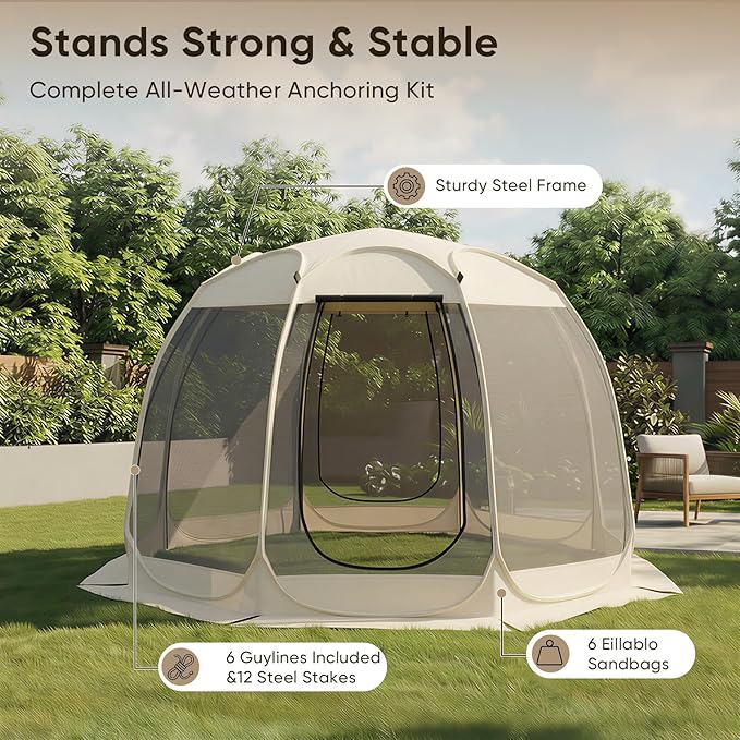 TABU Pop Up Screen House Tent 12x12 FT Screen Room Canopy with Mosquito Mesh Instant UV Resistant Shelter with Carry Bag for 8-10 Person Beige