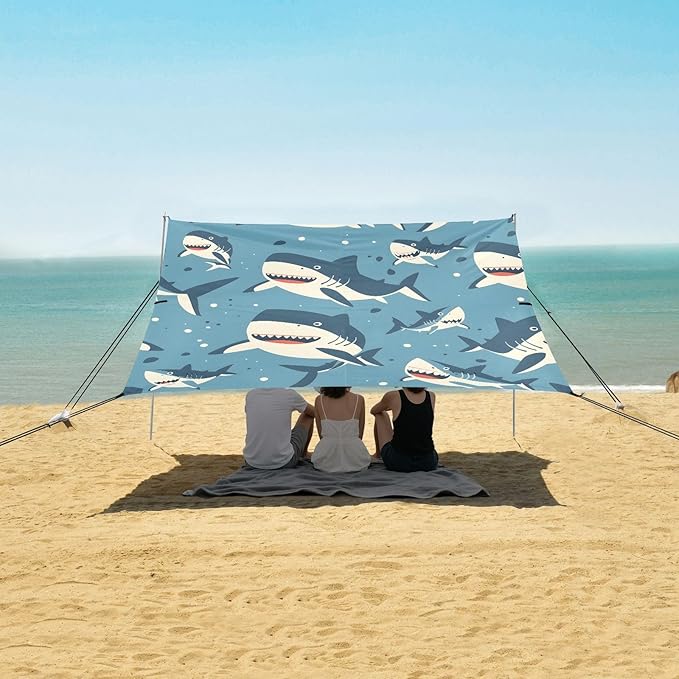 Cute Sharks Camping Sun Shelter Beach Tent Portable Beach Sun Shade Outdoor Canopy for Camping Trips Fishing Picnic