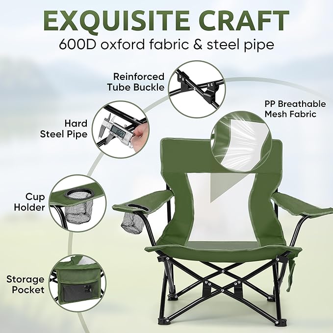 HaSteeL Folding Beach Chair Set of 2 Foldable Green Camping Chairs for Outside Low Beach Chair Portable for Adults Fishing Picnic Outdoor BBQ Travel Sports Cup Holder &amp Storage Bag