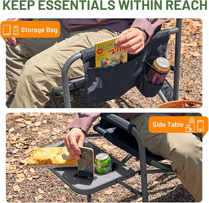 TIMBER RIDGE XXL Foldable Directors Chair with Side Table Extra Wide Camping Chairs for Adults Heavy Duty Supports 500 lbs Oversized Folding Lawn Chair for Picnic Beach Sports Fishing Grey-2 Pack