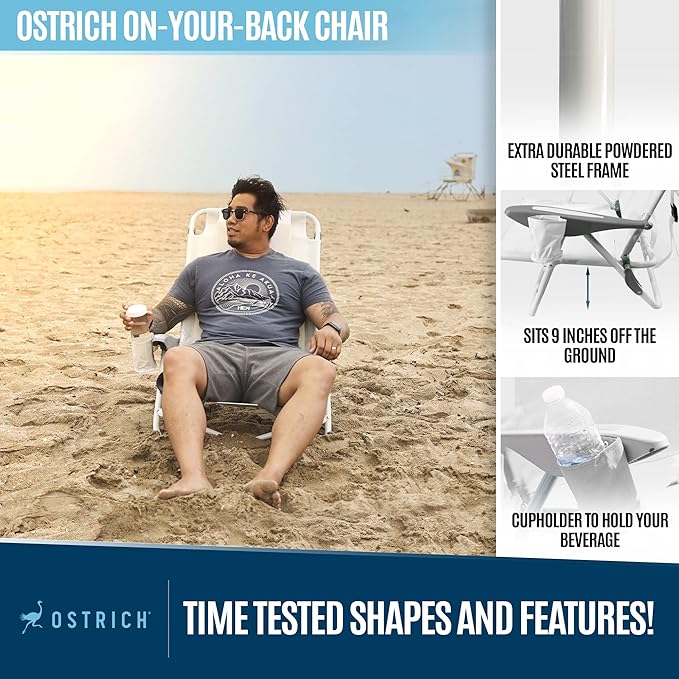 Ostrich Deluxe On Your Back Backpack Beach Chair with Face Hole - Portable Lounge Chair - Heavy Duty Tanning Chair - Face Down Reading (White)
