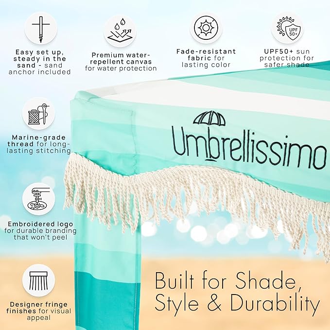 Premium Beach Cabana - Umbrellissimo Aqua Ombre. Includes sand anchor canvas with designer prints &amp fringe finishes sand pockets pegs matching carry bag. Easy set up 6.6'x6.6' of cool UPF50+ s