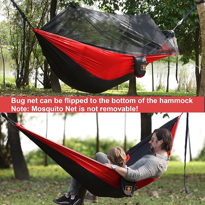Camping Hammock with NetPortable Lightweight Double Hammocks with Tree Straps and Solid D-Shape CarabinersParachute Nylon Hammock for Backpacking Beach Backyard Patio Hiking Black&ampRed