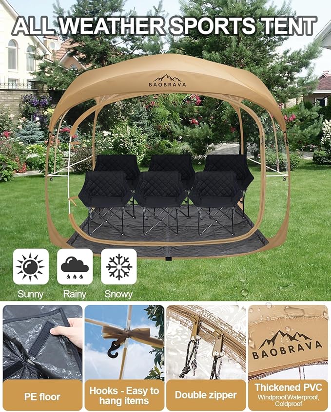 Pop Up Sports Tent - Thick PVC Scratch-Resistant Bubble Clear Tent Instant Weather Proof Pod with Extra Top Cover for Soccer Football Games Outdoor Events 5-6 Person